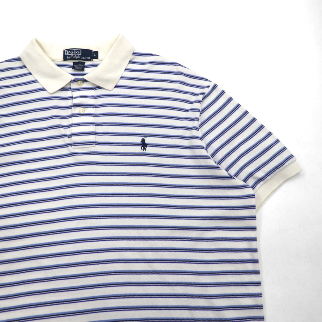 Polo by Ralph Lauren 90s Striped Polo Shirt L White Blue Cotton Small Pony Embroidery