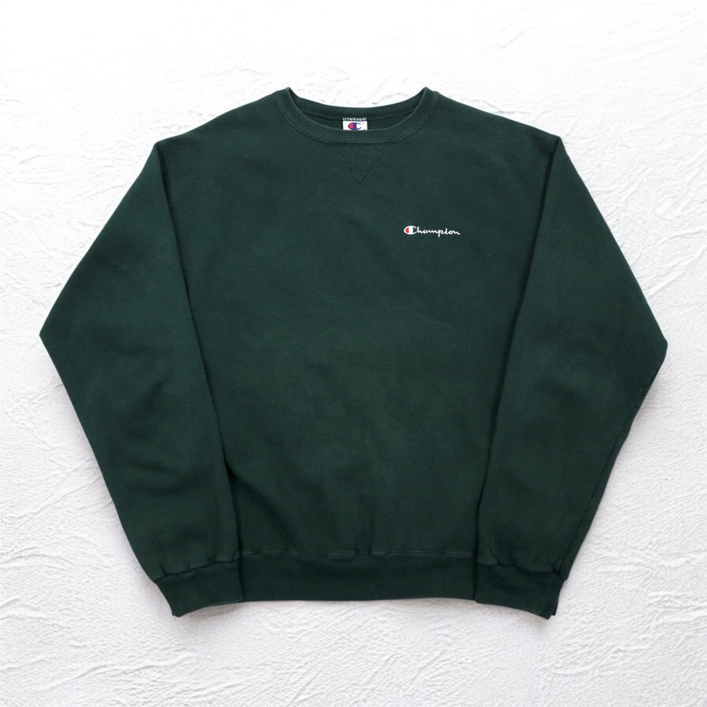 Champion 90s Made in USA Embroidered Tag Crew Neck Sweatshirt XL Green One Point Logo Embroidery