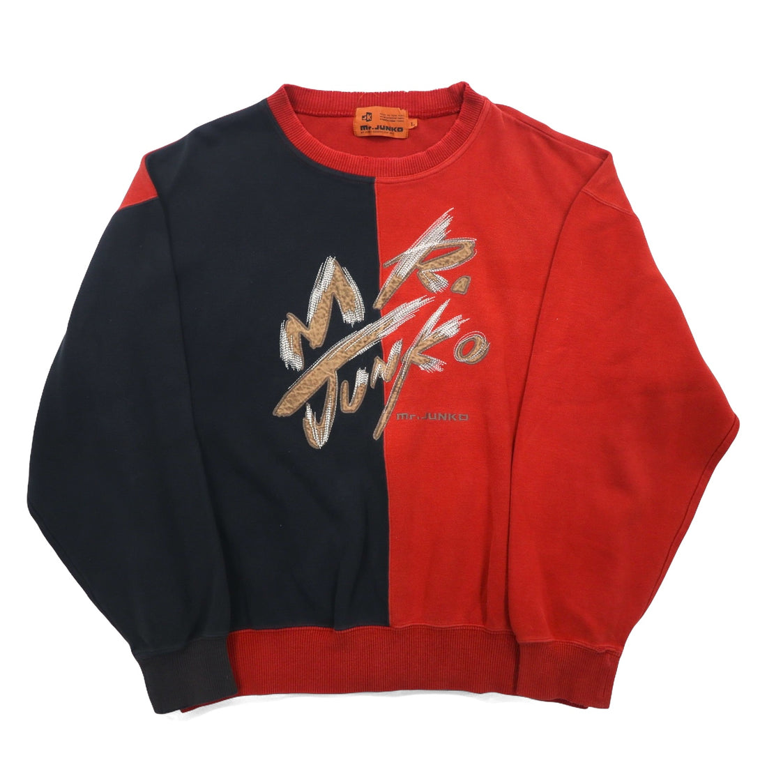 Mr. JUNKO 90s Sweatshirt L Red Black Bicolor Cotton Logo Embroidery Made in Japan