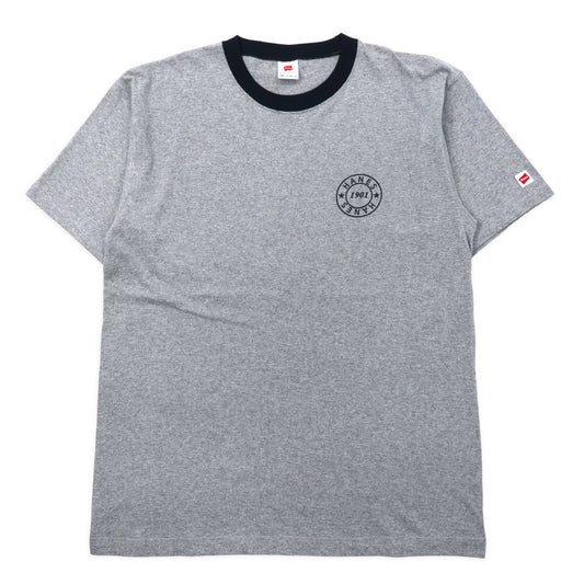 日本然リトテ-古着オンライン-Hanes リンガーTシャツ LL グレー コットン ワンポイントロゴ-HANES Ringer T-Shirt LL Gray Cotton One Point Logo