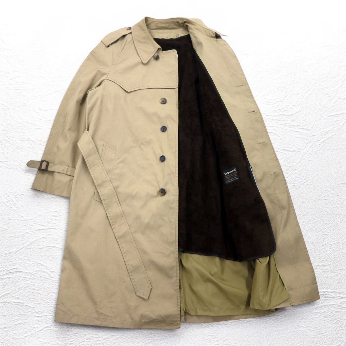 LONDON FOG Stand collar trench coat, XL, beige, concealed placket, epaulet, detachable fur liner, belt included