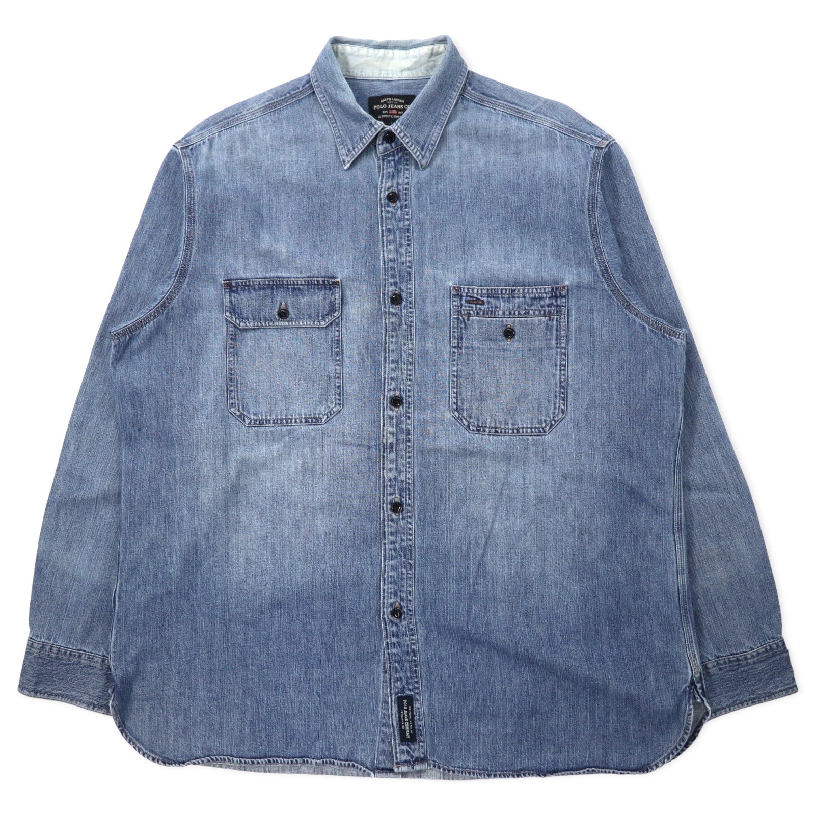 日本然リトテ-古着オンライン-POLO JEANS CO. RALPH LAUREN 90年代 デニム ワークシャツ L ブルー コットン 猫目ボタン ビッグサイズ-POLO JEANS CO. RALPH LAUREN 90's Denim Work Shirt L Blue Cotton Cat Eye Button Big Size