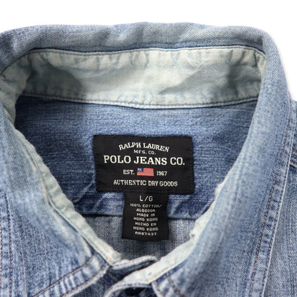POLO JEANS CO. RALPH LAUREN 90s denim work shirt L blue cotton cat eye button big size