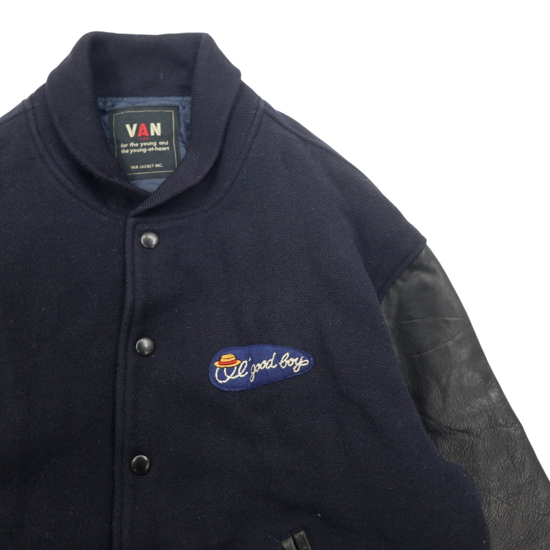 VAN -JAC- 80s Leather Sleeve Stadium Jacket L Navy Wool Cowhide Made in Japan