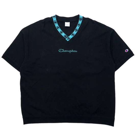 Champion オーバーサイズ スクリプトロゴ VネックTシャツ XL ブラック コットン ヘビーウェイト フロントロゴ刺繍 C3-P312