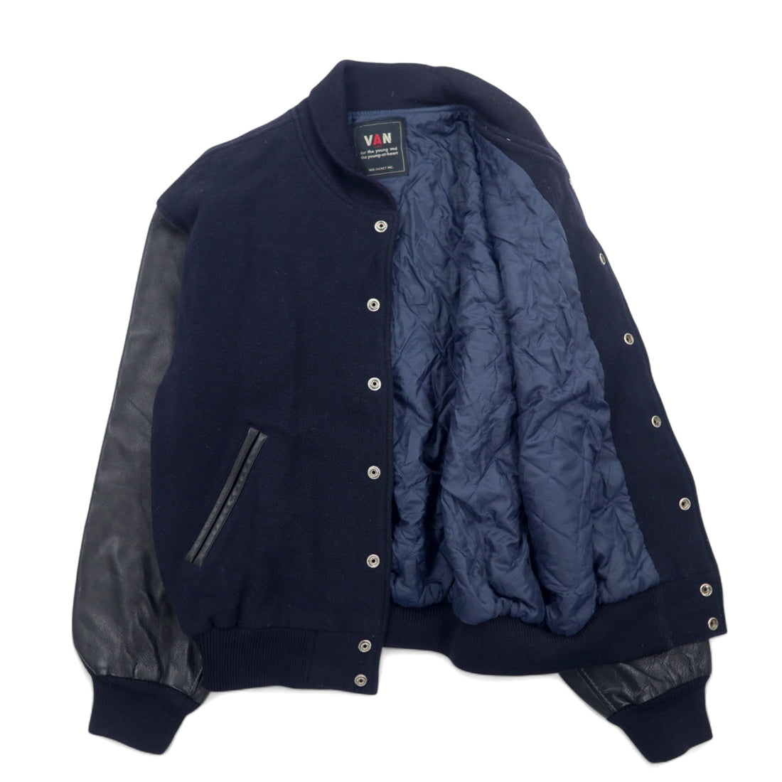 VAN -JAC- 80s Leather Sleeve Stadium Jacket L Navy Wool Cowhide Made in Japan