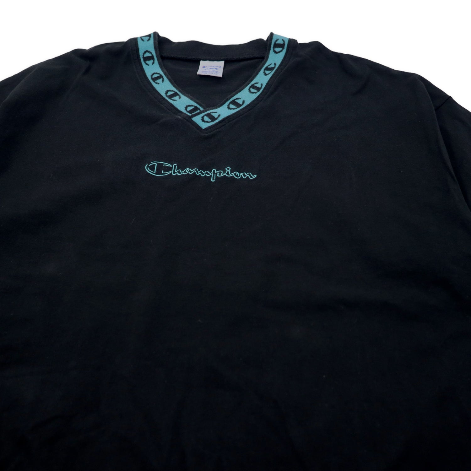 CHAMPION Over-size script logo V-neck T-shirt XL Black Cotton 