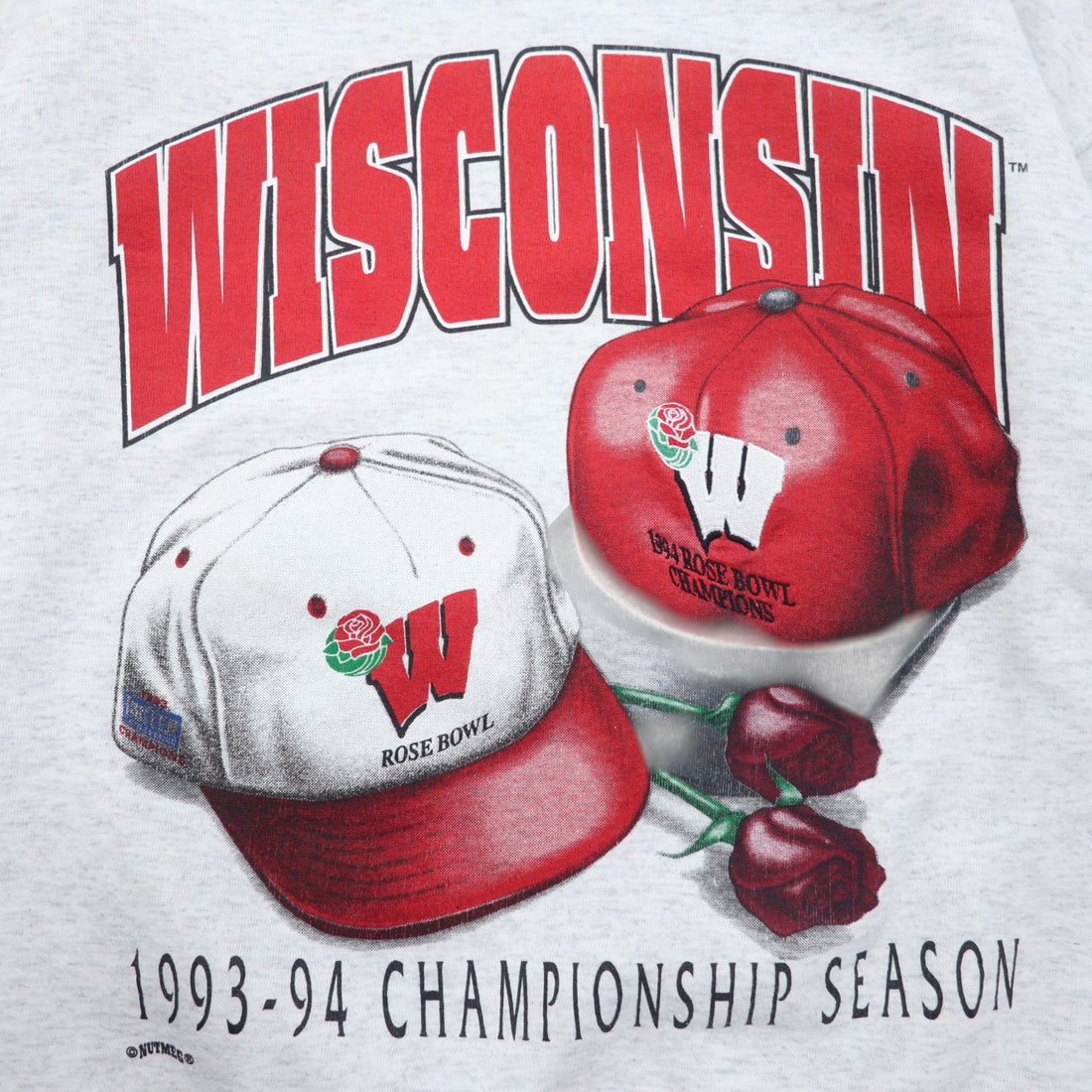 Made in USA 90s NUTMEG Football Print Sweatshirt L Grey Cotton WISCONSIN ROSE BOWL
