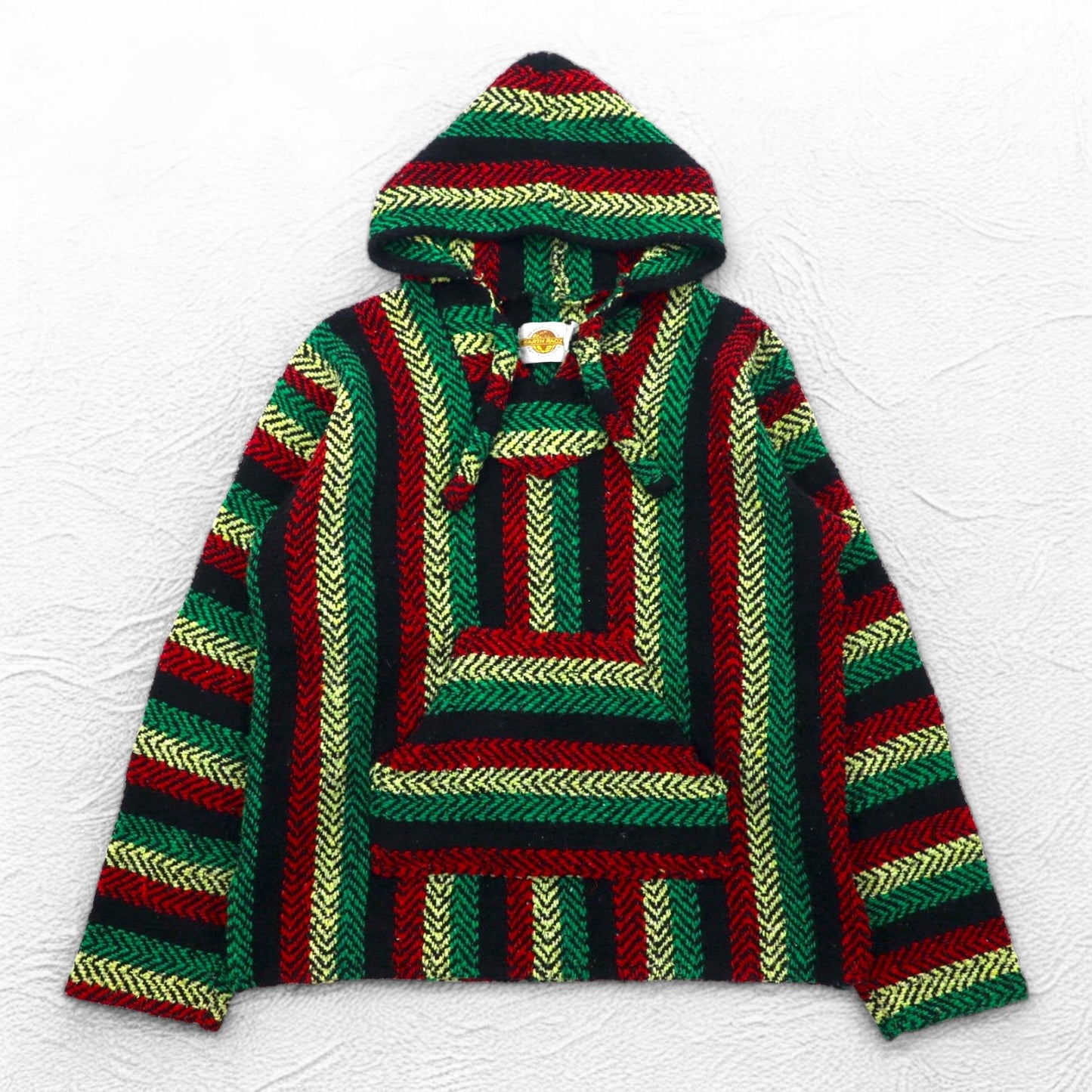 Vintage 90s Mexican Baja Hoodie EARTH RAGZ 90年代 メキシカンパーカー L ラスタカラー ストライプ メキシコ製