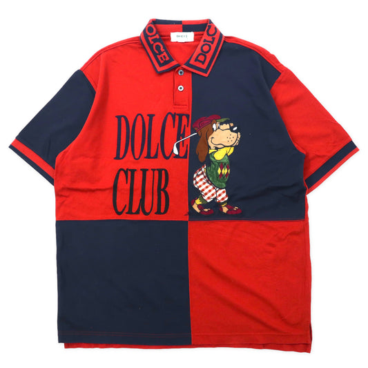 日本然リトテ-古着オンライン-DOLCE CLUB 90年代 ポロシャツ 50 レッド ネイビー コットン 犬 キャラクター 日本製-DOLCE CLUB 90s Polo Shirt 50 Red Navy Cotton Dog Character Japan MADE