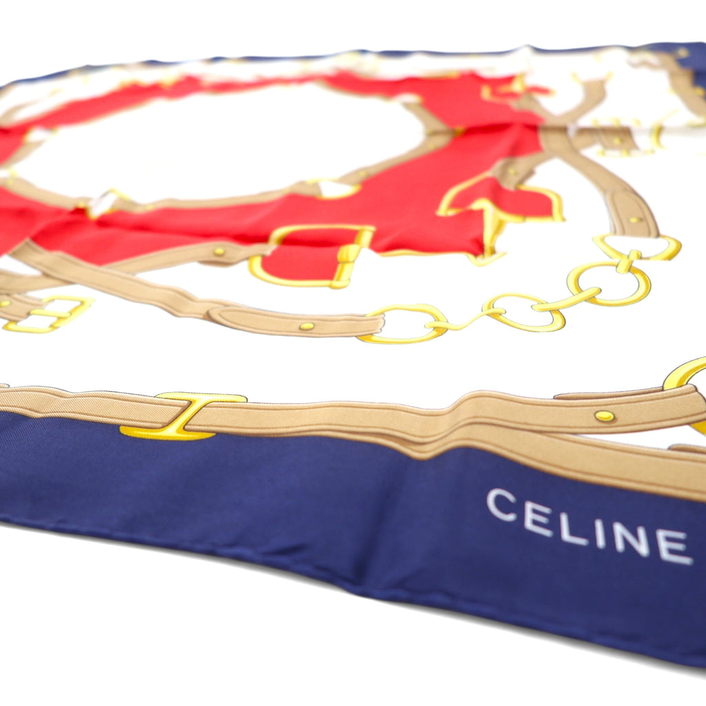 CELINE Made in Italy Large Scarf White Navy Silk Horsebit