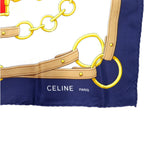 CELINE Made in Italy Large Scarf White Navy Silk Horsebit