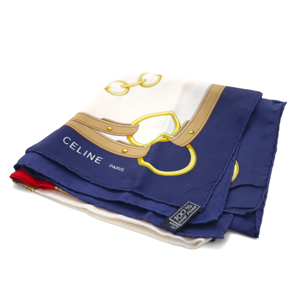 CELINE Made in Italy Large Scarf White Navy Silk Horsebit