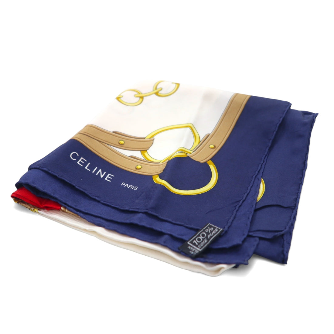CELINE Made in Italy Large Scarf White Navy Silk Horsebit