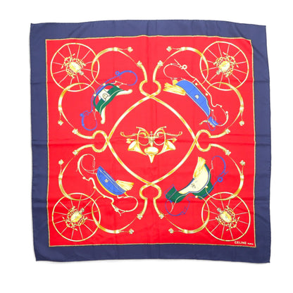 日本然リトテ-古着オンライン-CELINE イタリア製 大判 スカーフ レッド ネイビー 総柄 シルク エンブレム-CELINE Italy Made Large Scarf Red Navy Patterned Silk Emblem
