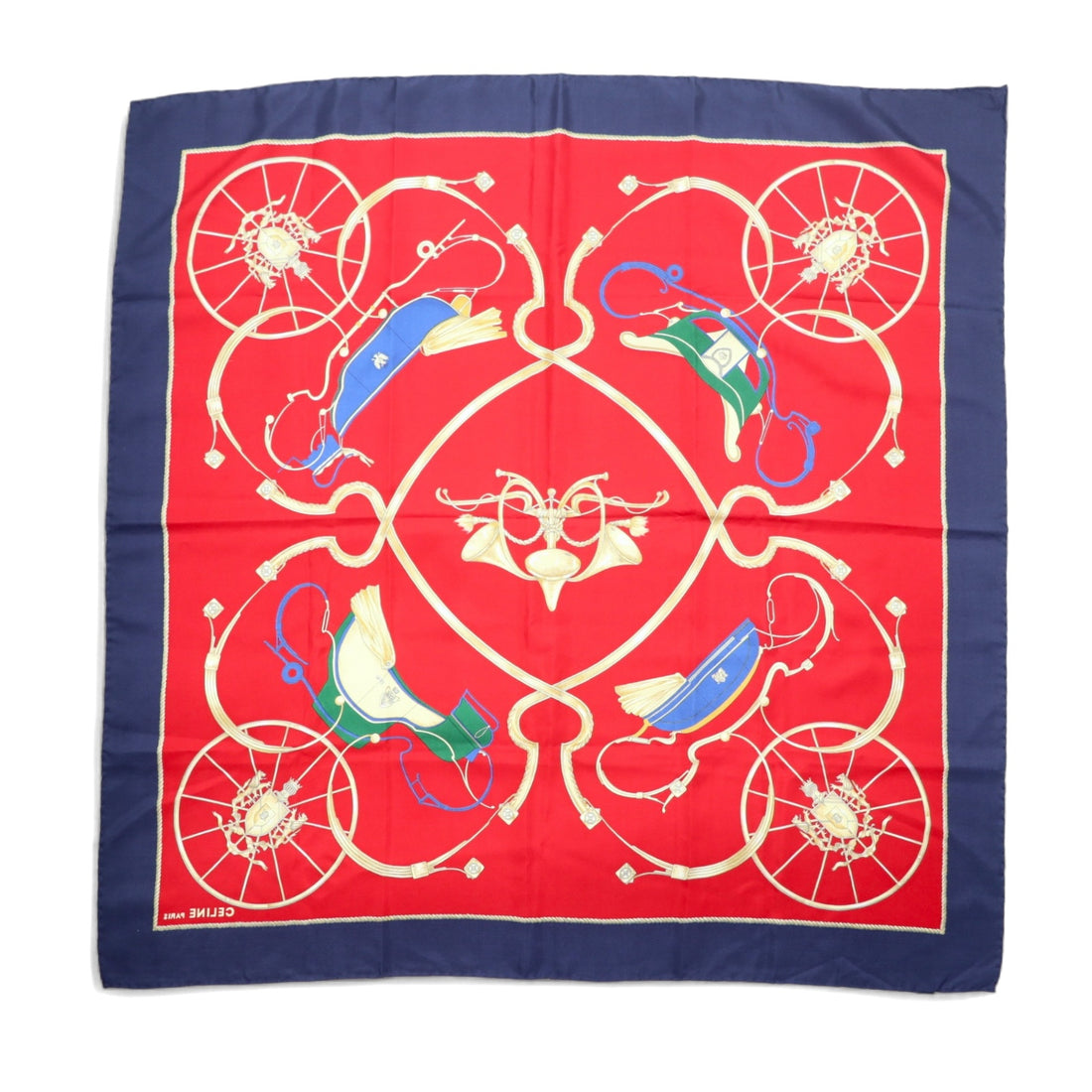 CELINE Made in Italy Large Scarf Red Navy All-over Print Silk Emblem