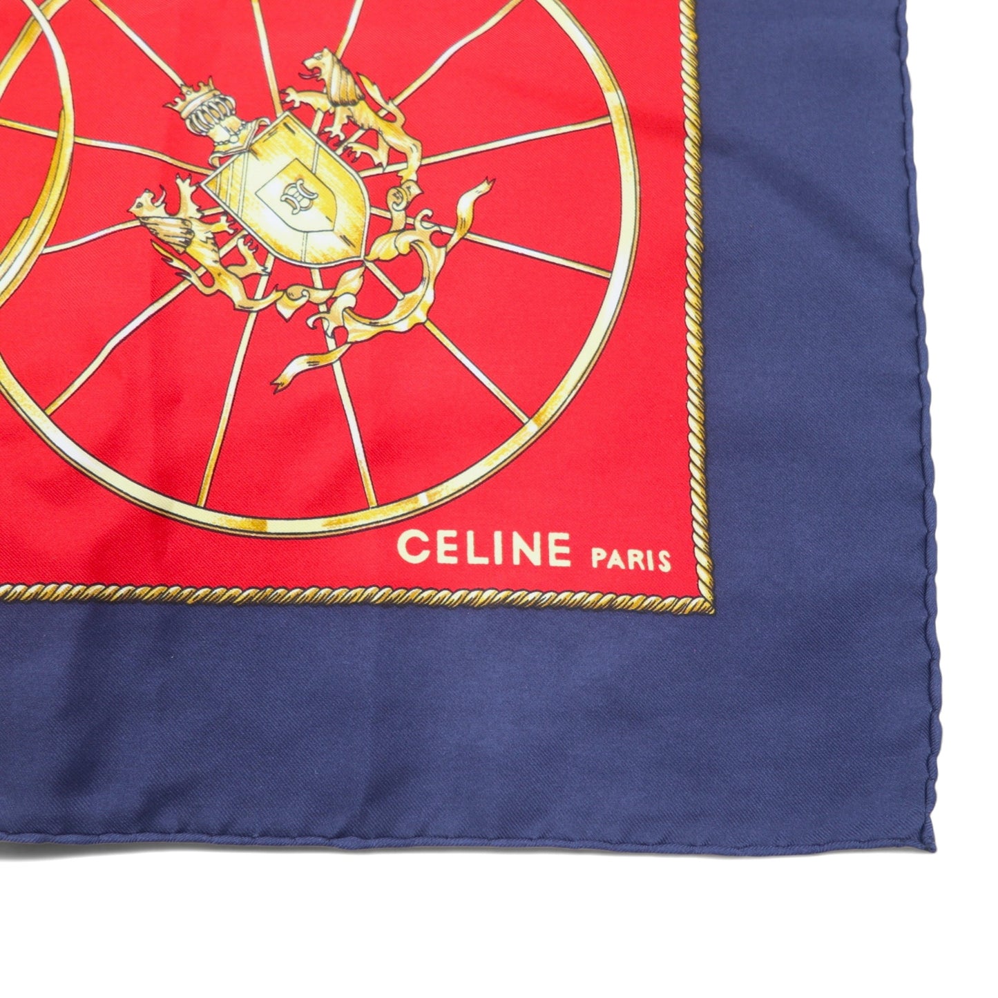 CELINE イタリア製 大判 スカーフ レッド ネイビー 総柄 シルク エンブレム