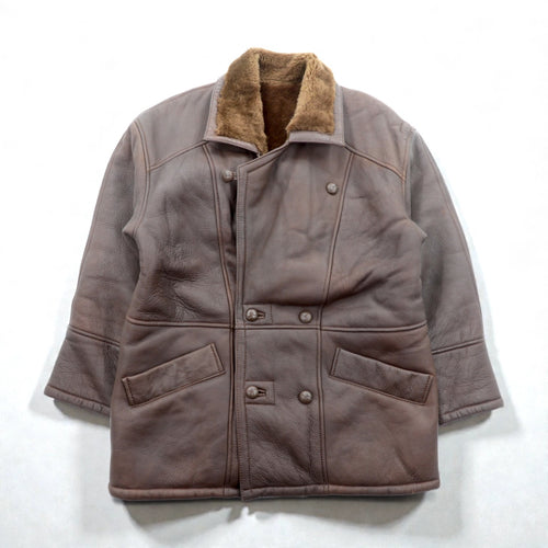 80s Vintage Shearling Coat, Double-Breasted, Mouton Leather Jacket, XL, Boa, Wool Leather, Covered Buttons
