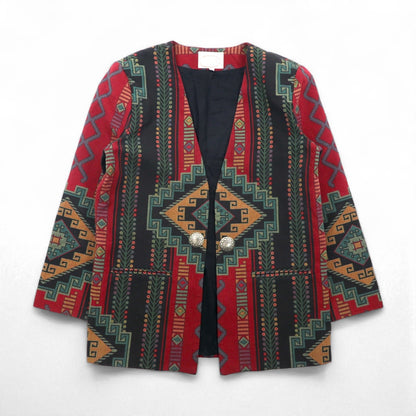 80s USA Vintage Blazer WRAPS チマヨ柄 ジャガードジャケット M ネイティブ柄 タペストリー コンチョボタン USA製