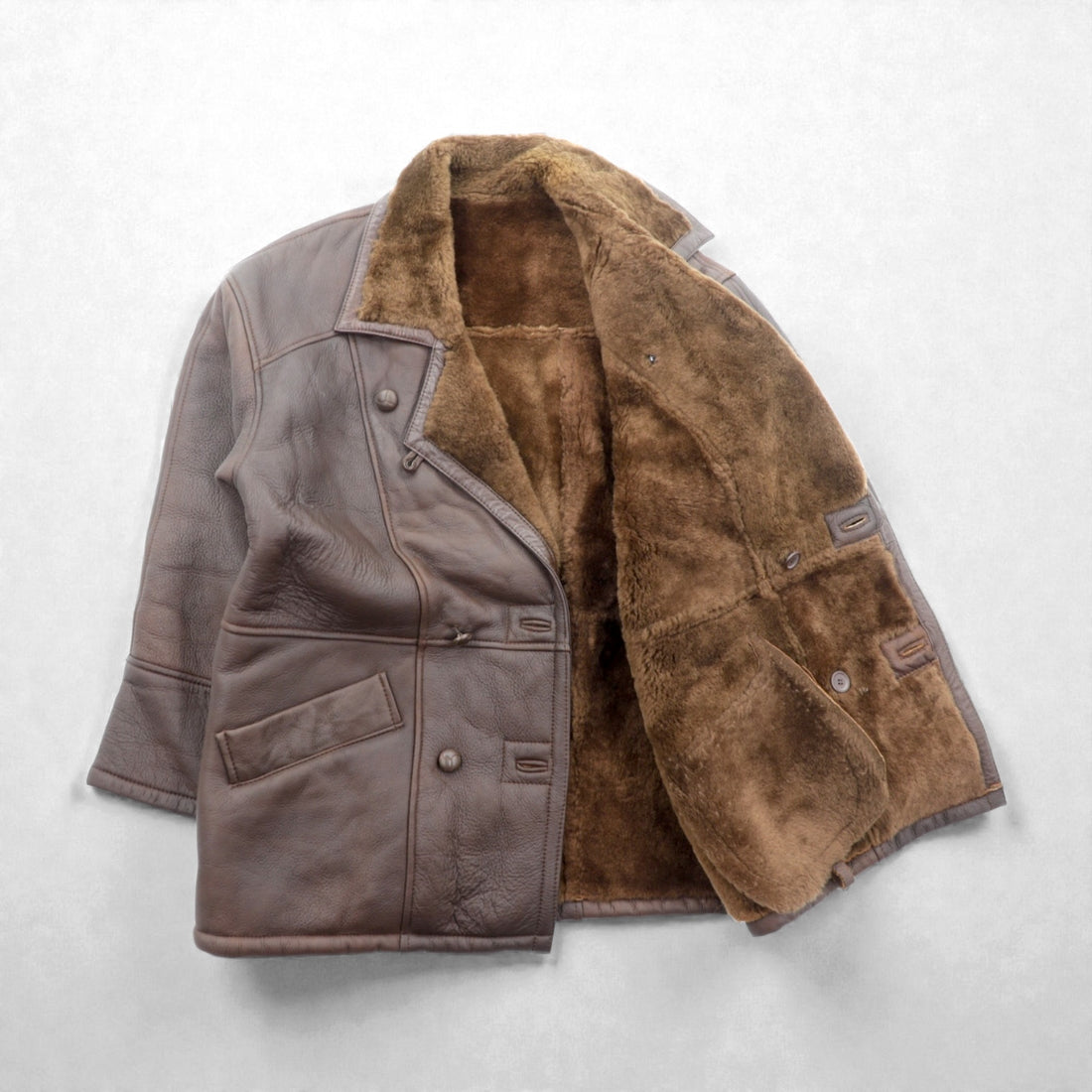 80s Vintage Shearling Coat, Double-Breasted, Mouton Leather Jacket, XL, Boa, Wool Leather, Covered Buttons