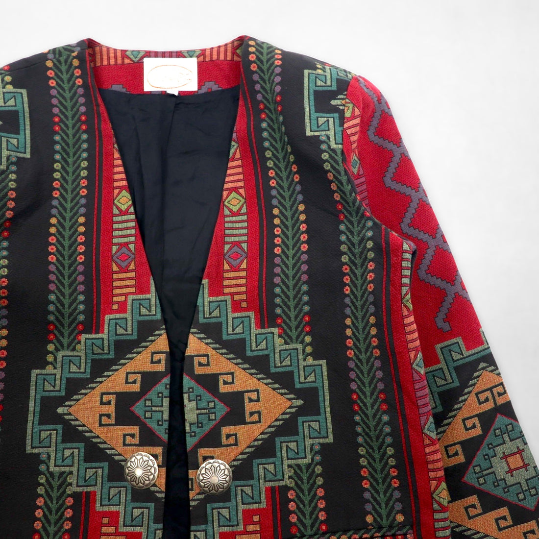 80s USA Vintage Blazer WRAPS Chimayo Jacquard Jacket, Size M, Native American Print Tapestry, Concho Buttons, Made in USA