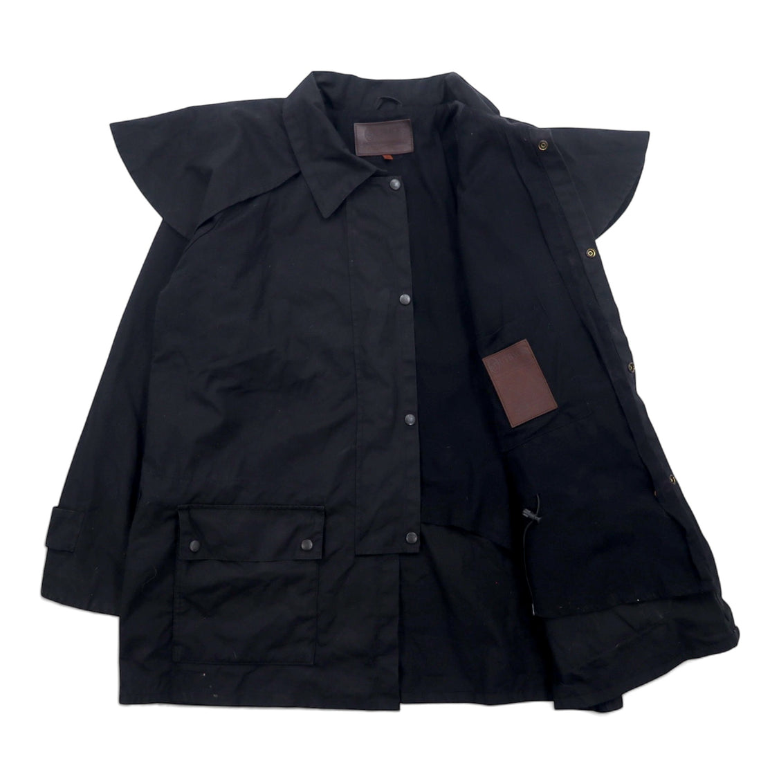 OUTBACK Oiled Jacket L Black Cotton Oilskin Cape Drawstring SWAGMAN JACKET