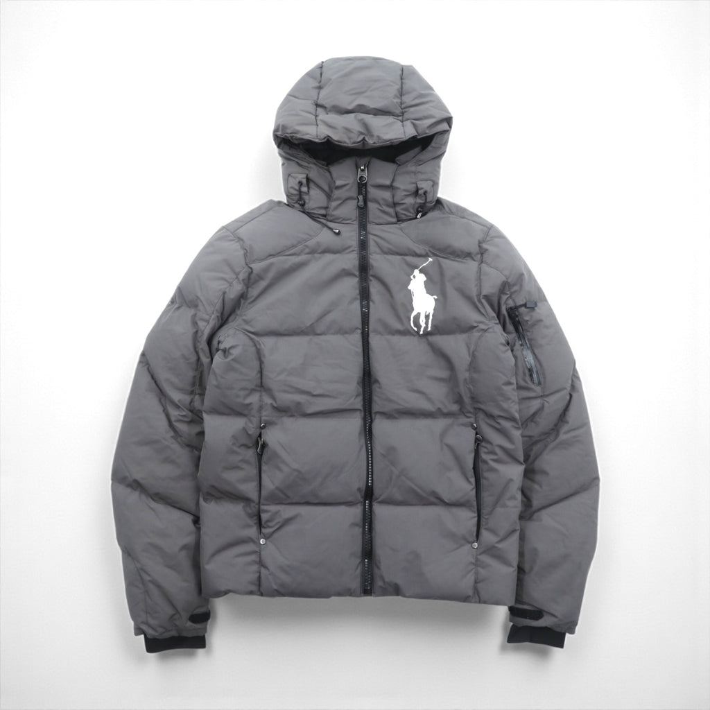 Polo Ralph Lauren ビッグポニー 刺繍 ダウンジャケット XS グレー フード着脱 ドローコード スタンドカラー