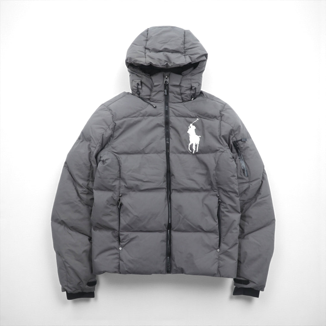 Polo Ralph Lauren Big Pony Embroidery Down Jacket, XS, Gray, Removable Hood, Drawcord, Stand Collar