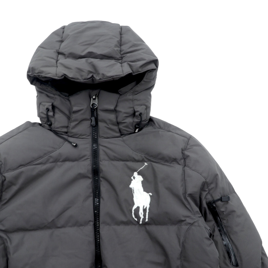 Polo Ralph Lauren Big Pony Embroidery Down Jacket, XS, Gray, Removable Hood, Drawcord, Stand Collar