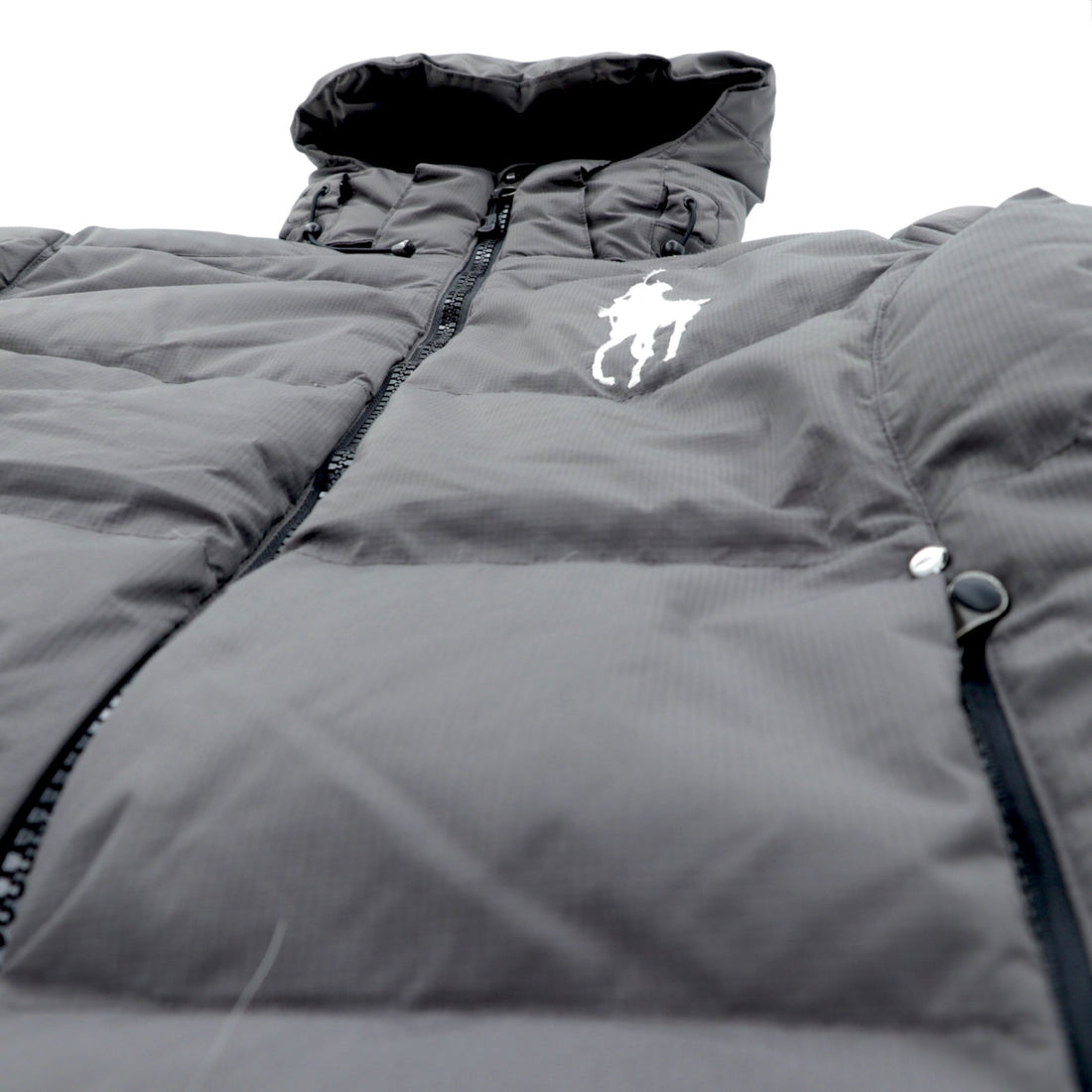 Polo Ralph Lauren Big Pony Embroidery Down Jacket, XS, Gray, Removable Hood, Drawcord, Stand Collar