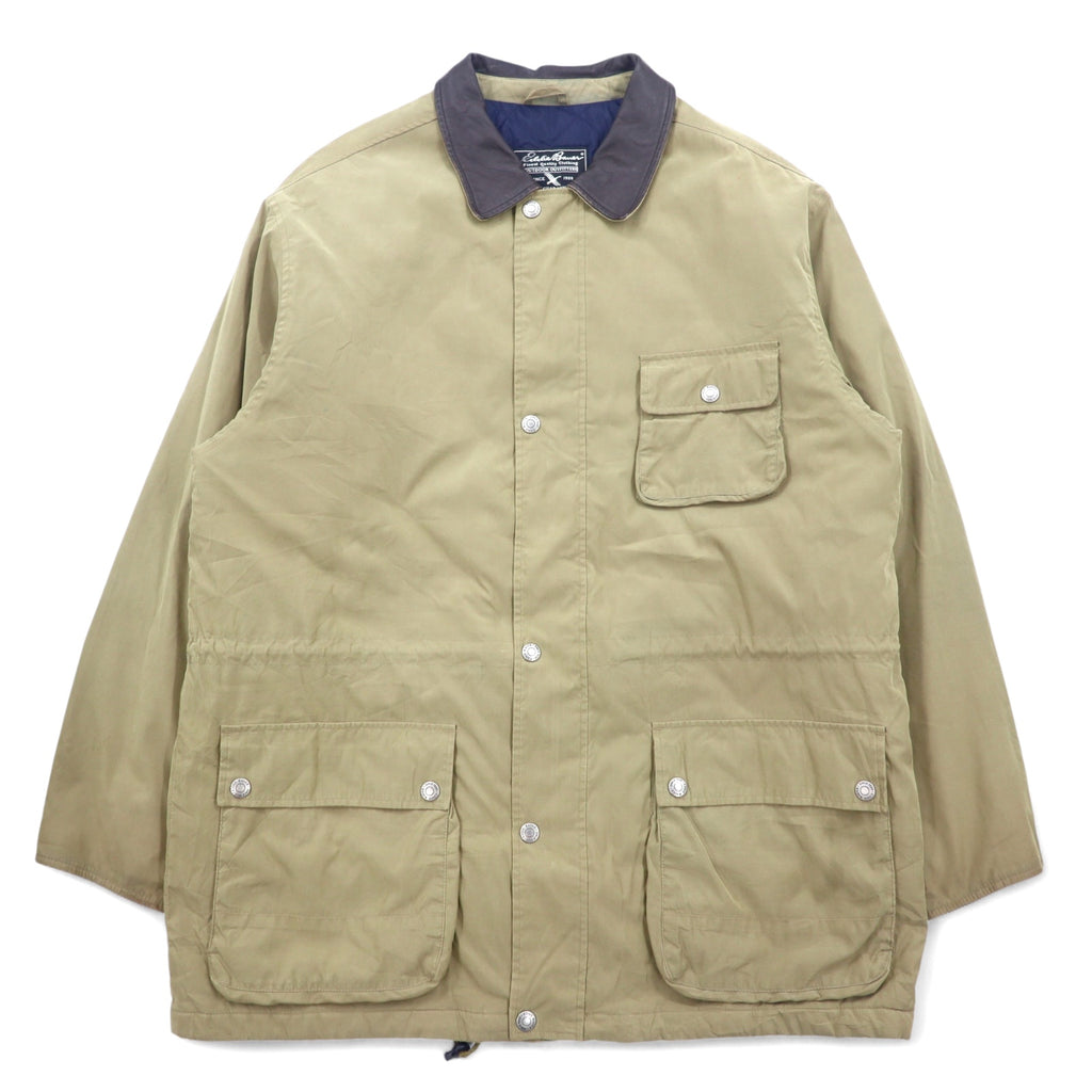日本然リトテ-古着オンライン-Eddie Bauer 90年代 ピーチスキン ハンティングジャケット XL ベージュ ポリエステル 襟レザー ドローコード キルティングライナー-Eddie Bauer 90's Peach Skin Hunting Jacket XL Beige Polyester Collar Leather Drawcord Quilted Liner