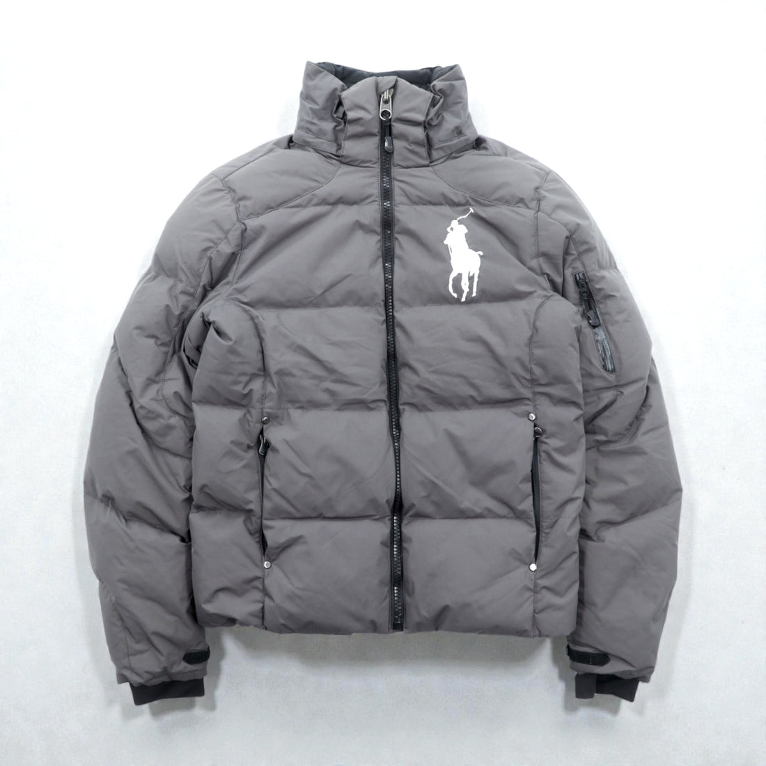 Polo Ralph Lauren Big Pony Embroidery Down Jacket, XS, Gray, Removable Hood, Drawcord, Stand Collar