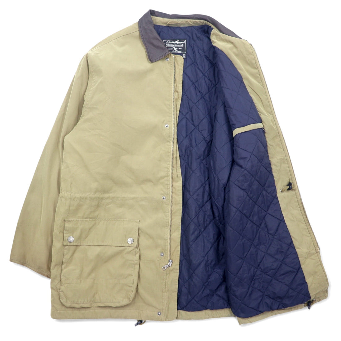 Eddie Bauer 90s Peach Skin Hunting Jacket, XL, Beige, Polyester, Leather Collar, Drawcord, Quilted Liner