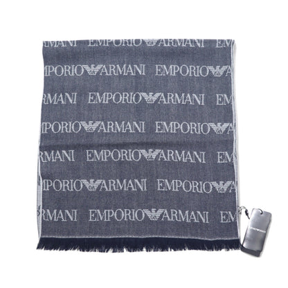 日本然リトテ-古着オンライン-EMPORIO ARMANI イタリア製 モノグラム 総柄 ロゴ マフラー ネイビー グレー リバーシブル ウール 625053 CC786 未使用-EMPORIO ARMANI Italy Made monogram patterned logo Scarf navy gray reversible wool 625053 CC786 unused