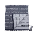 EMPORIO ARMANI Made in Italy Monogram All-Over Logo Scarf Navy Grey Reversible Wool 625053 CC786 Unused