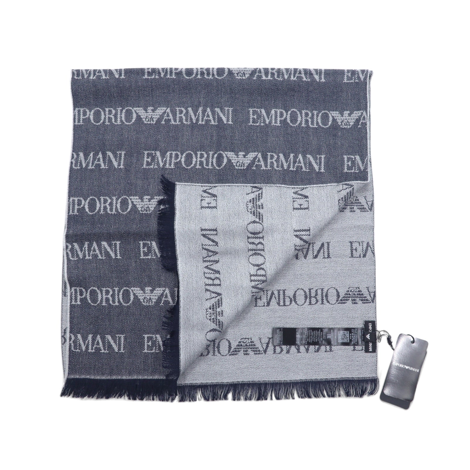 EMPORIO ARMANI Made in Italy Monogram All-Over Logo Scarf Navy Grey Reversible Wool 625053 CC786 Unused