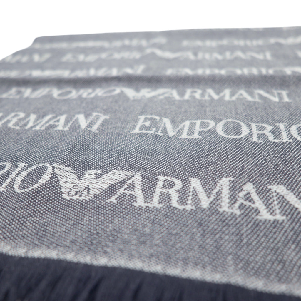 EMPORIO ARMANI Made in Italy Monogram All-Over Logo Scarf Navy Grey Reversible Wool 625053 CC786 Unused