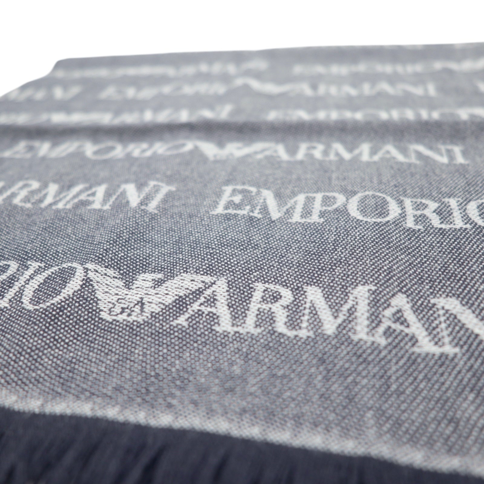 EMPORIO ARMANI Made in Italy Monogram All-Over Logo Scarf Navy Grey Reversible Wool 625053 CC786 Unused
