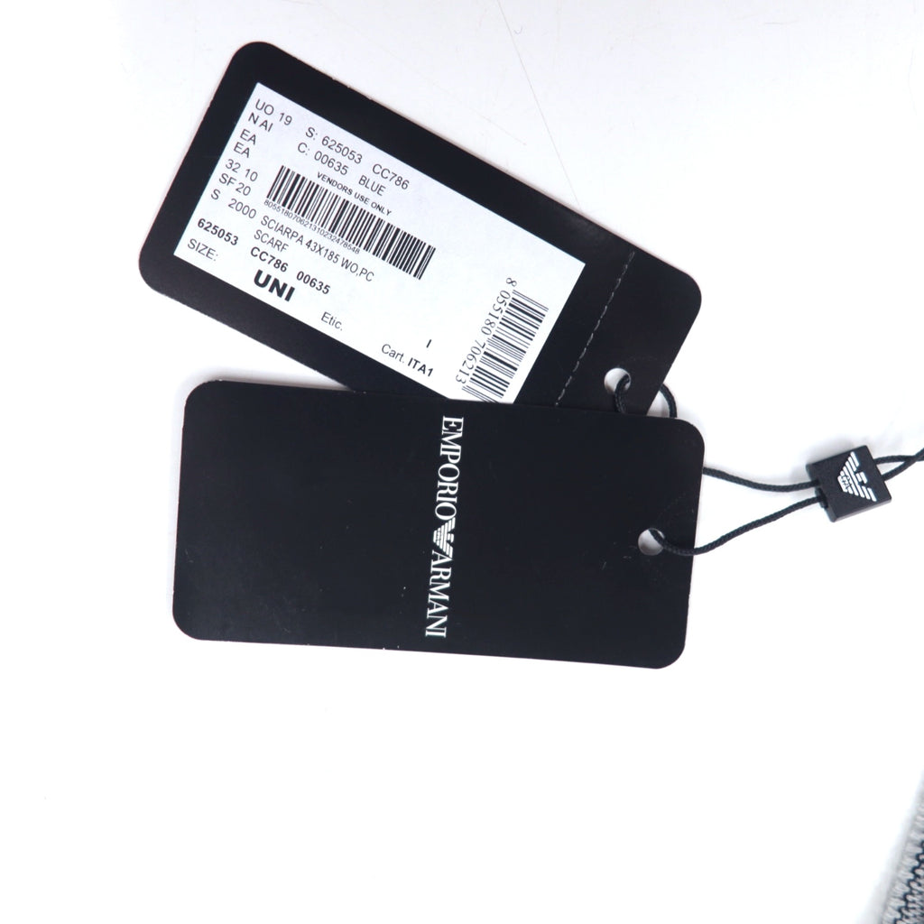 EMPORIO ARMANI Made in Italy Monogram All-Over Logo Scarf Navy Grey Reversible Wool 625053 CC786 Unused