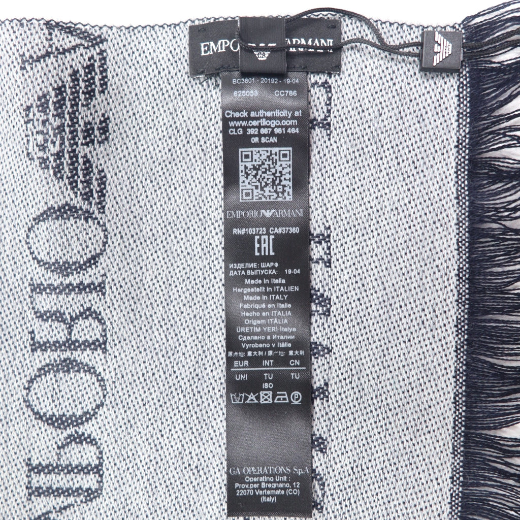 EMPORIO ARMANI Made in Italy Monogram All-Over Logo Scarf Navy Grey Reversible Wool 625053 CC786 Unused
