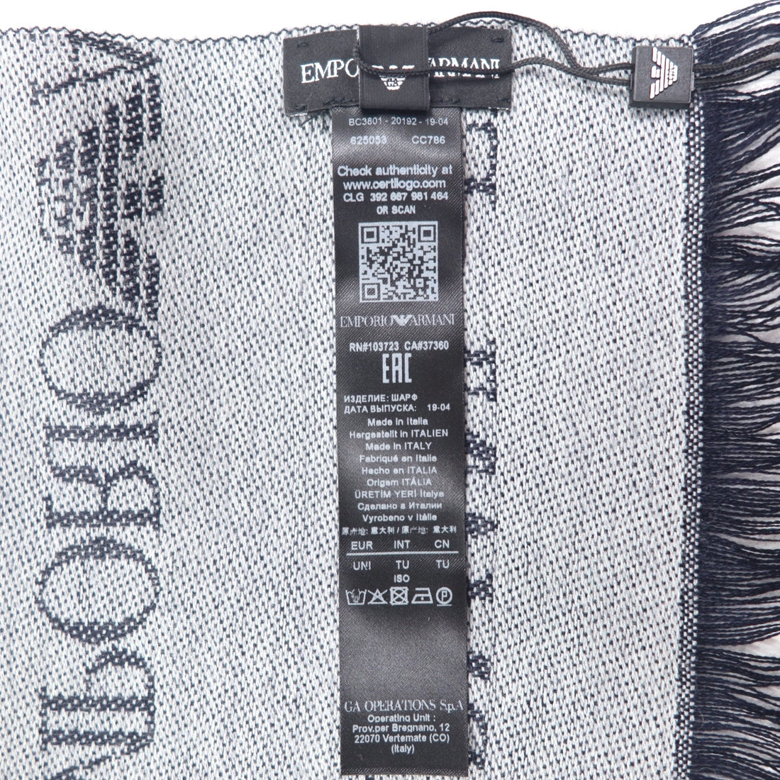 EMPORIO ARMANI Made in Italy Monogram All-Over Logo Scarf Navy Grey Reversible Wool 625053 CC786 Unused