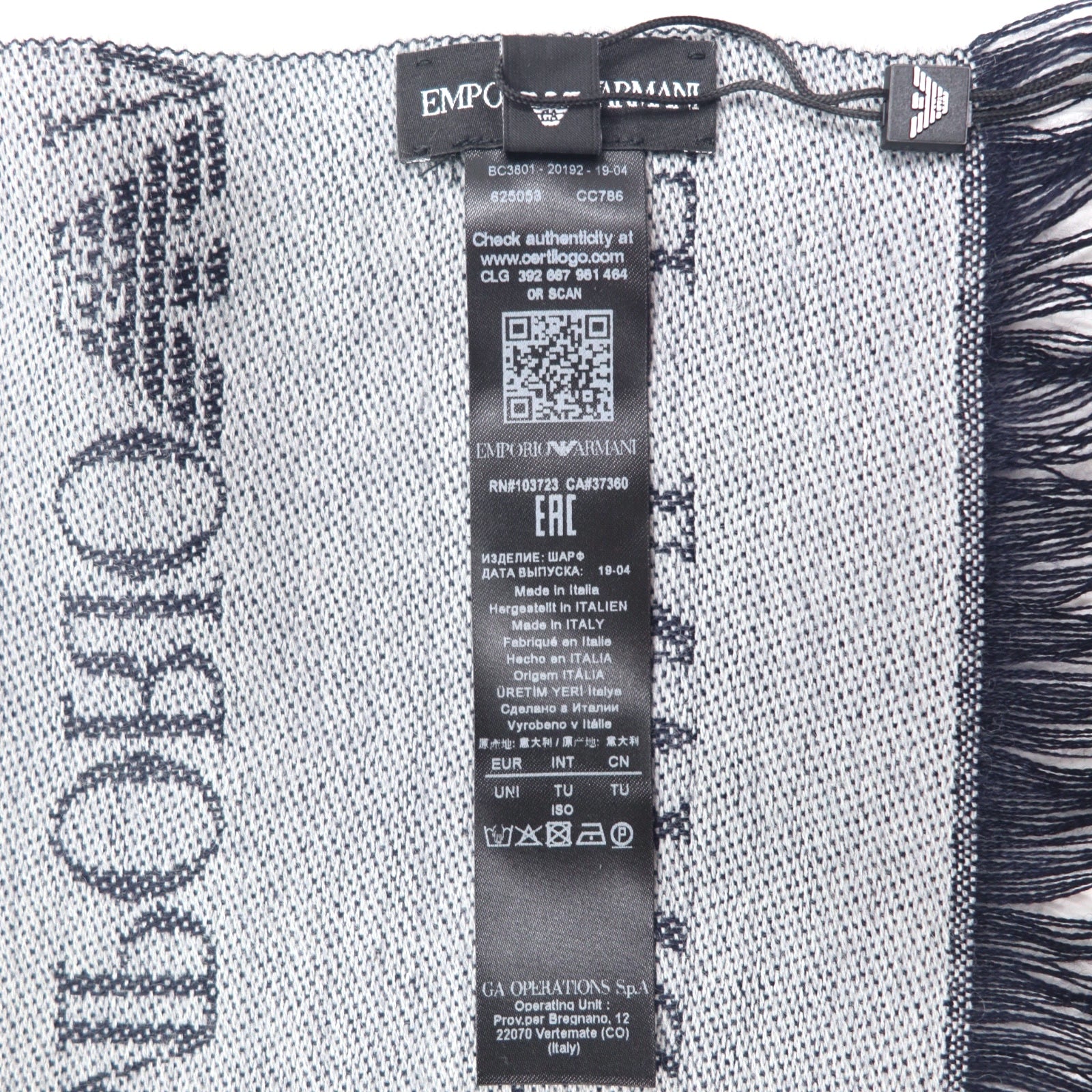 EMPORIO ARMANI Made in Italy Monogram All-Over Logo Scarf Navy Grey Reversible Wool 625053 CC786 Unused