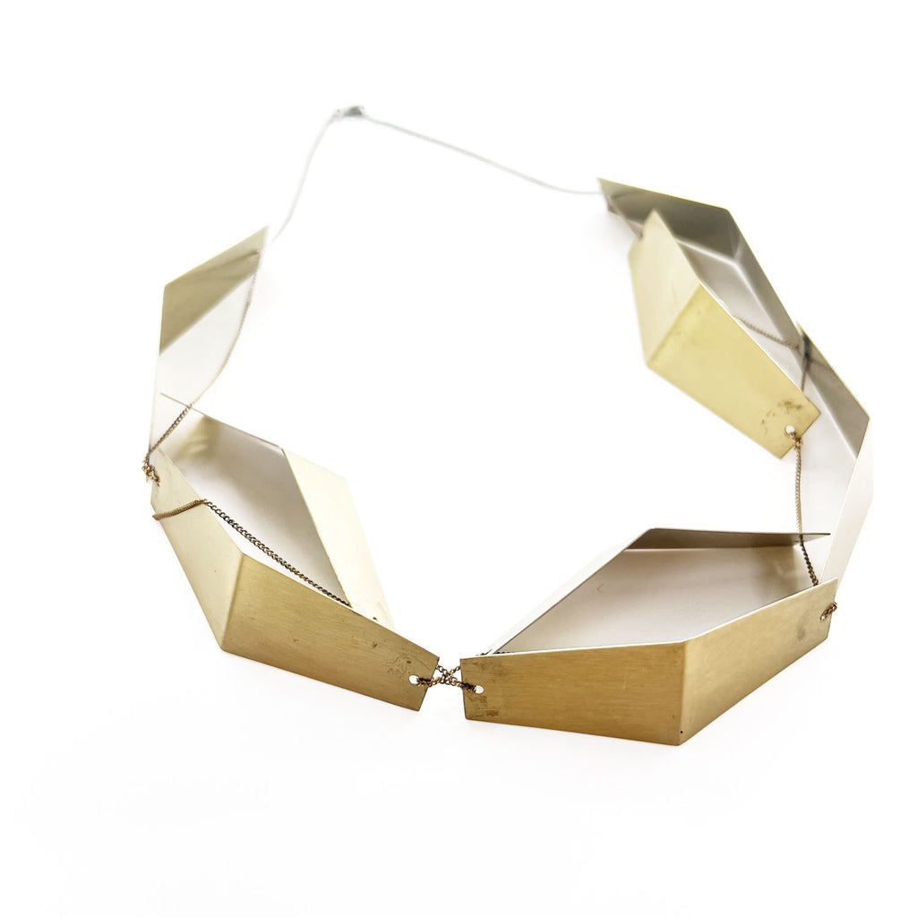 MARNI Geometric Folded Metal Plate Statement Necklace Gold Silver Tone Modernist