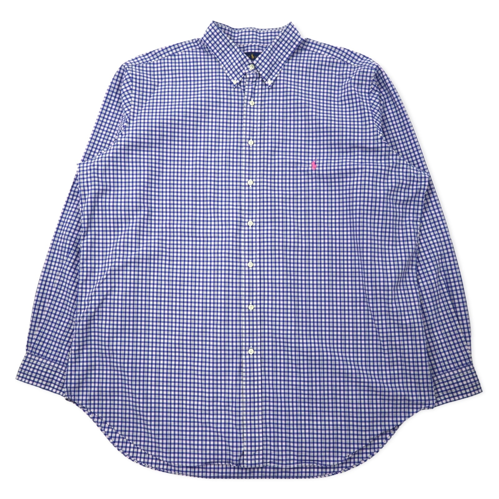 日本然リトテ-古着オンライン-RALPH LAUREN ボタンダウンシャツ 2XLT TALL ブルー ギンガムチェック コットン スモールポニー刺繍 ビッグサイズ-RALPH LAUREN button-down Shirts 2XLT TALL Blue Gingham Checked Cotton Small Pony Embroidery Big Size