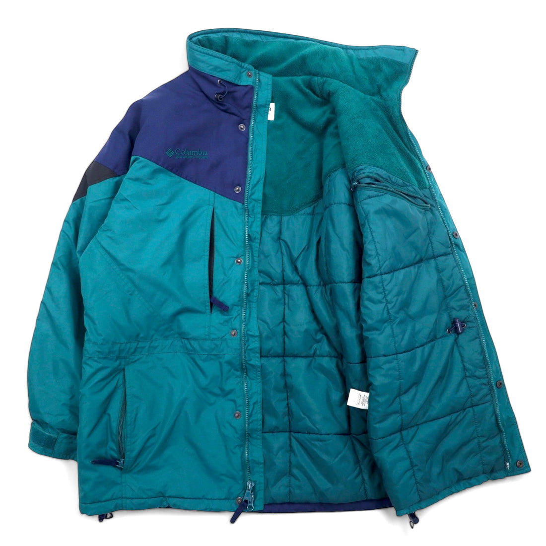 Columbia 90s Padded Mountain Parka, Large, Green, Navy, Nylon, Retractable Hood