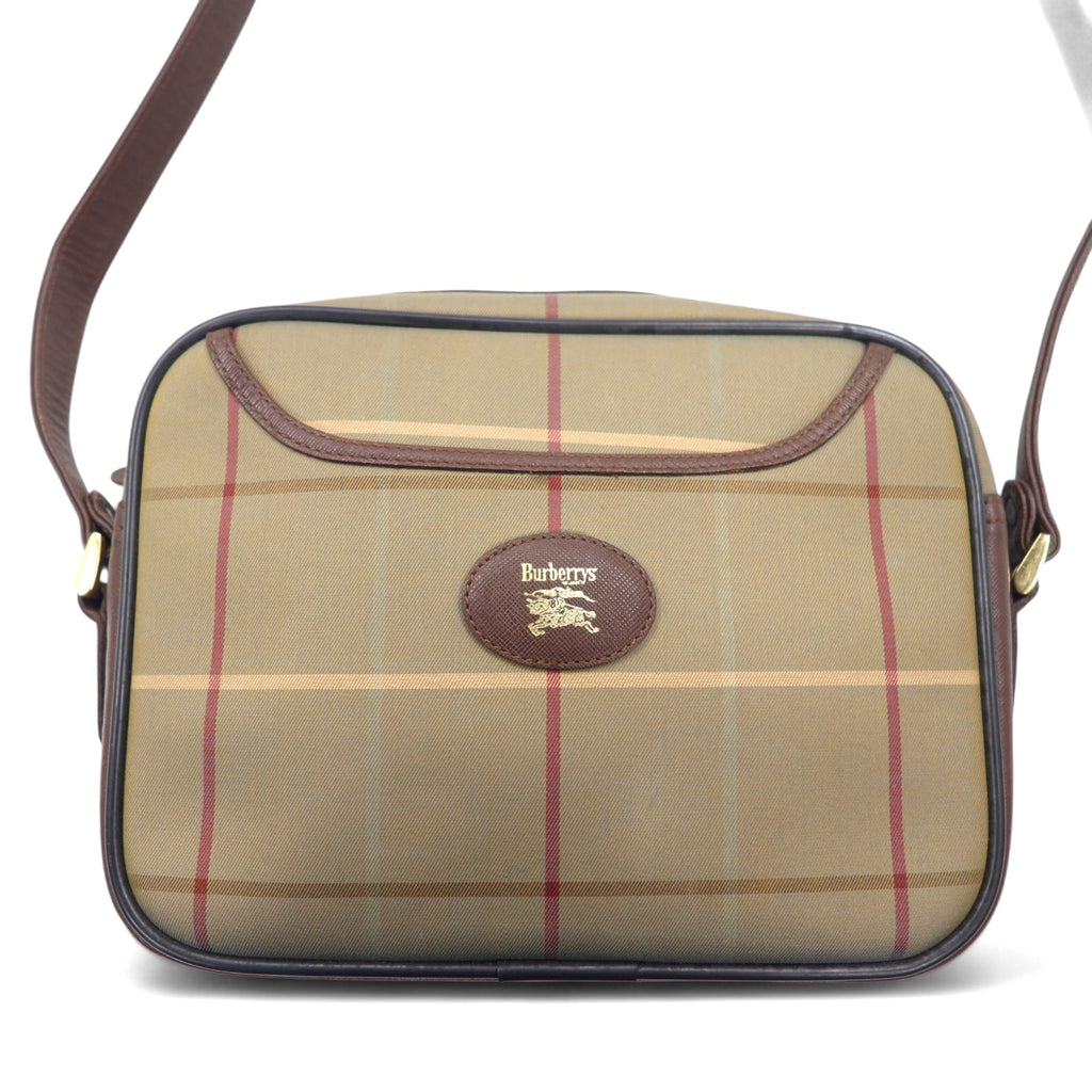 Burberrys Old Windowpane Check Camera Bag Shoulder Bag Beige Iridescent Nylon Canvas Leather