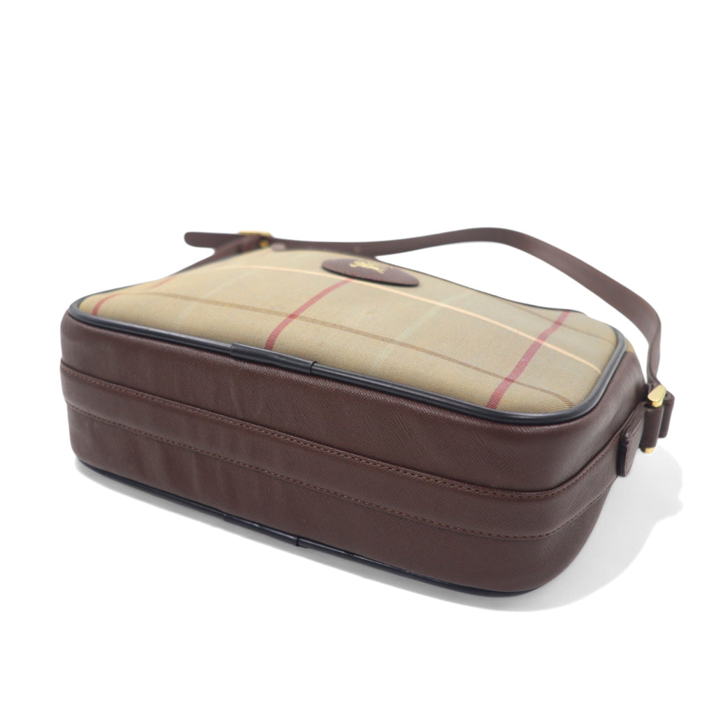 Burberrys Old Windowpane Check Camera Bag Shoulder Bag Beige Iridescent Nylon Canvas Leather