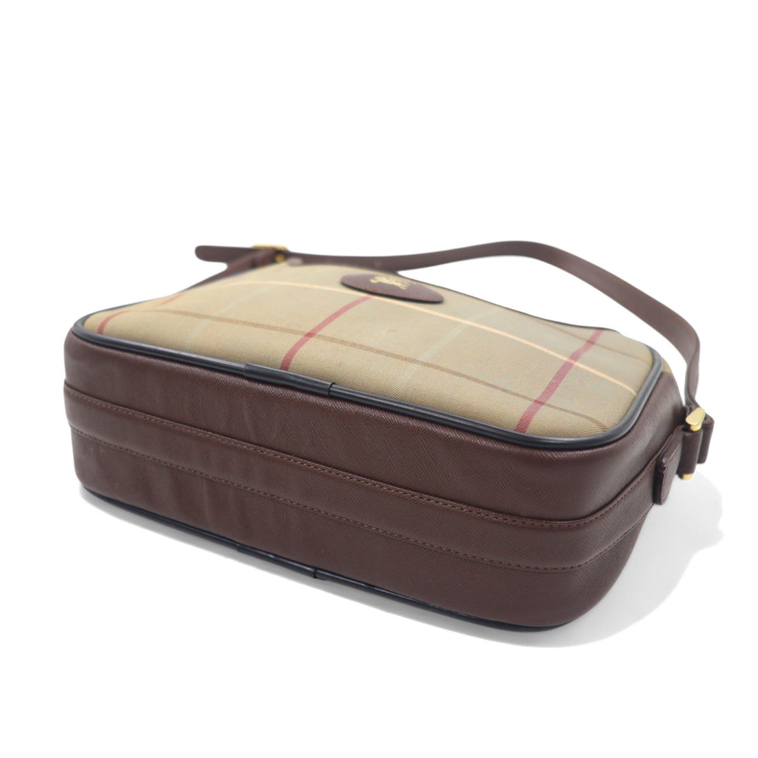 Burberrys Old Windowpane Check Camera Bag Shoulder Bag Beige Iridescent Nylon Canvas Leather