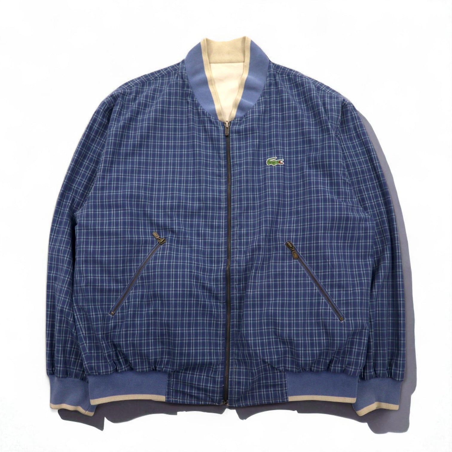 LACOSTE 80s Reversible Swing Top Harrington Jacket XL Navy Beige Check One Point Logo