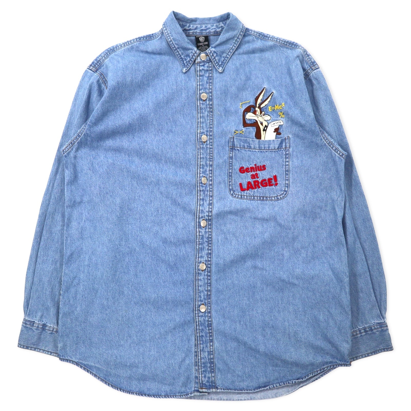 日本然リトテ-古着オンライン-WARNER BROS. 90年代 ビッグサイズ キャラクター刺繍 デニムシャツ M ブルー コットン LOONEY TUNES ワイリー・コヨーテ-WARNER BROS. 90's Big Size Character Embroidery Denim Shirt M Blue Cotton LOONEY TUNES Wile E. Coyote